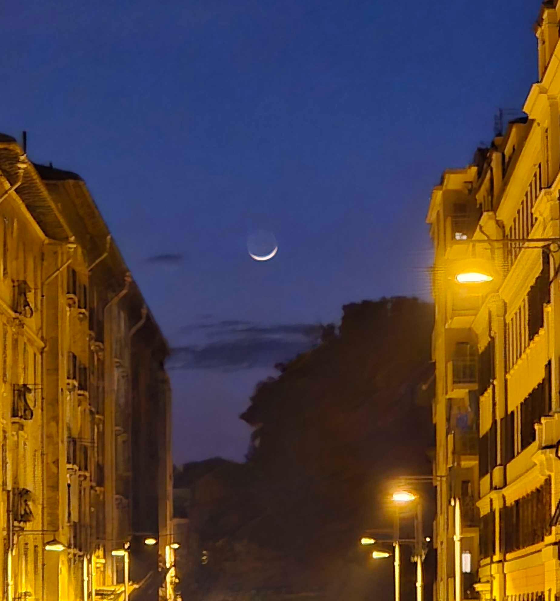 The Moon over Trieste, Italia — new moon, Lunar Day 2