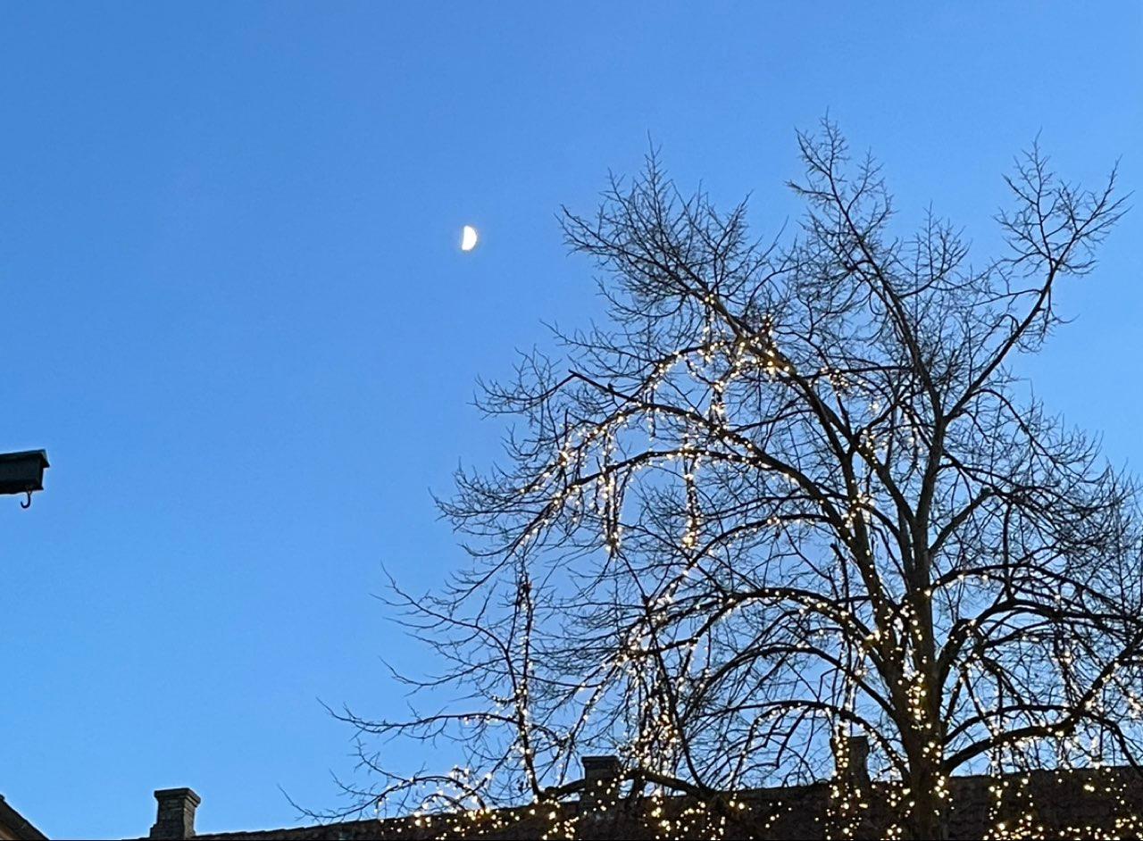 The Moon over Odense C, Denmark — first quarter, Lunar Day 9