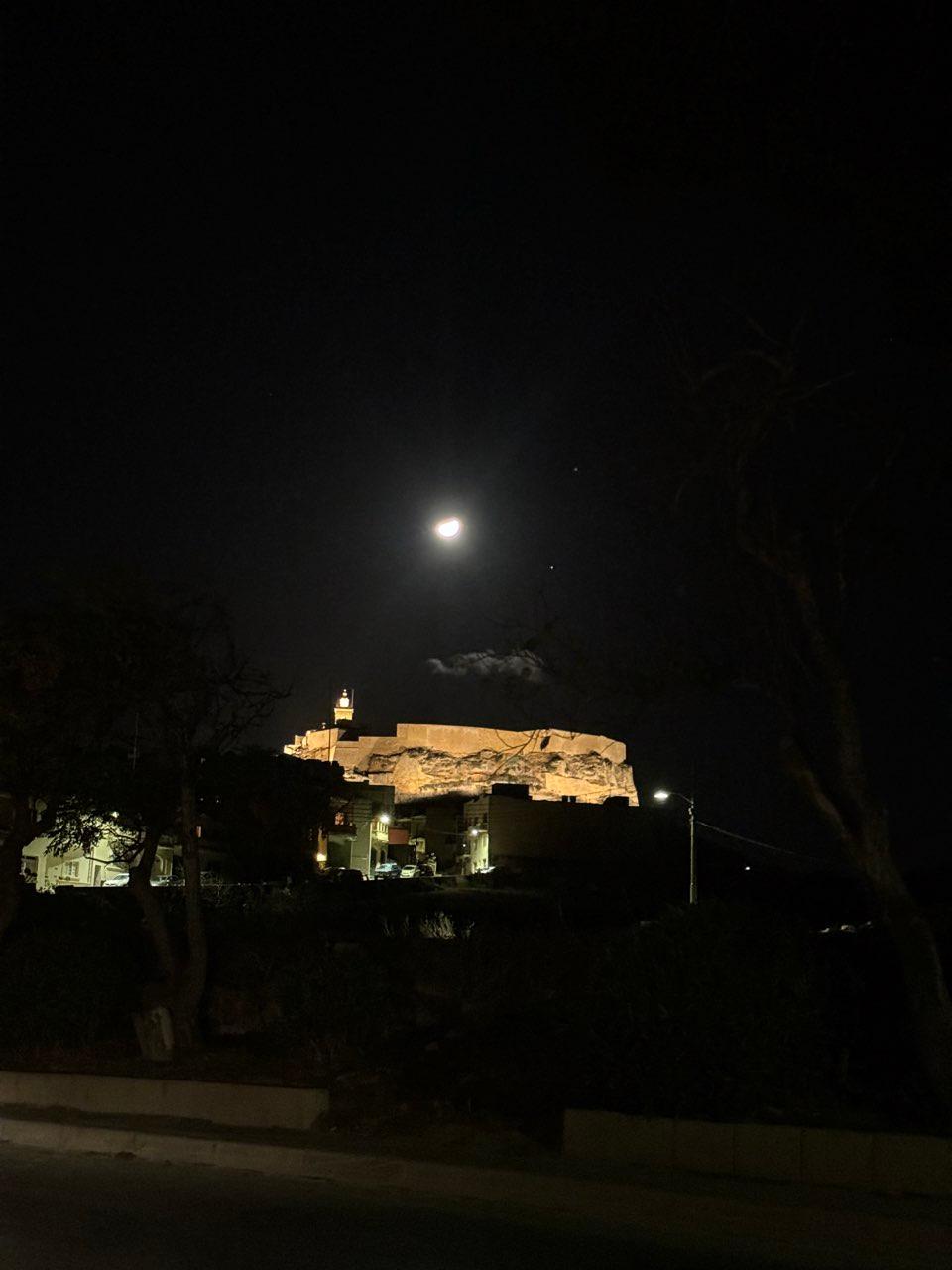 The Moon over Valletta, Malta — first quarter, Lunar Day 8