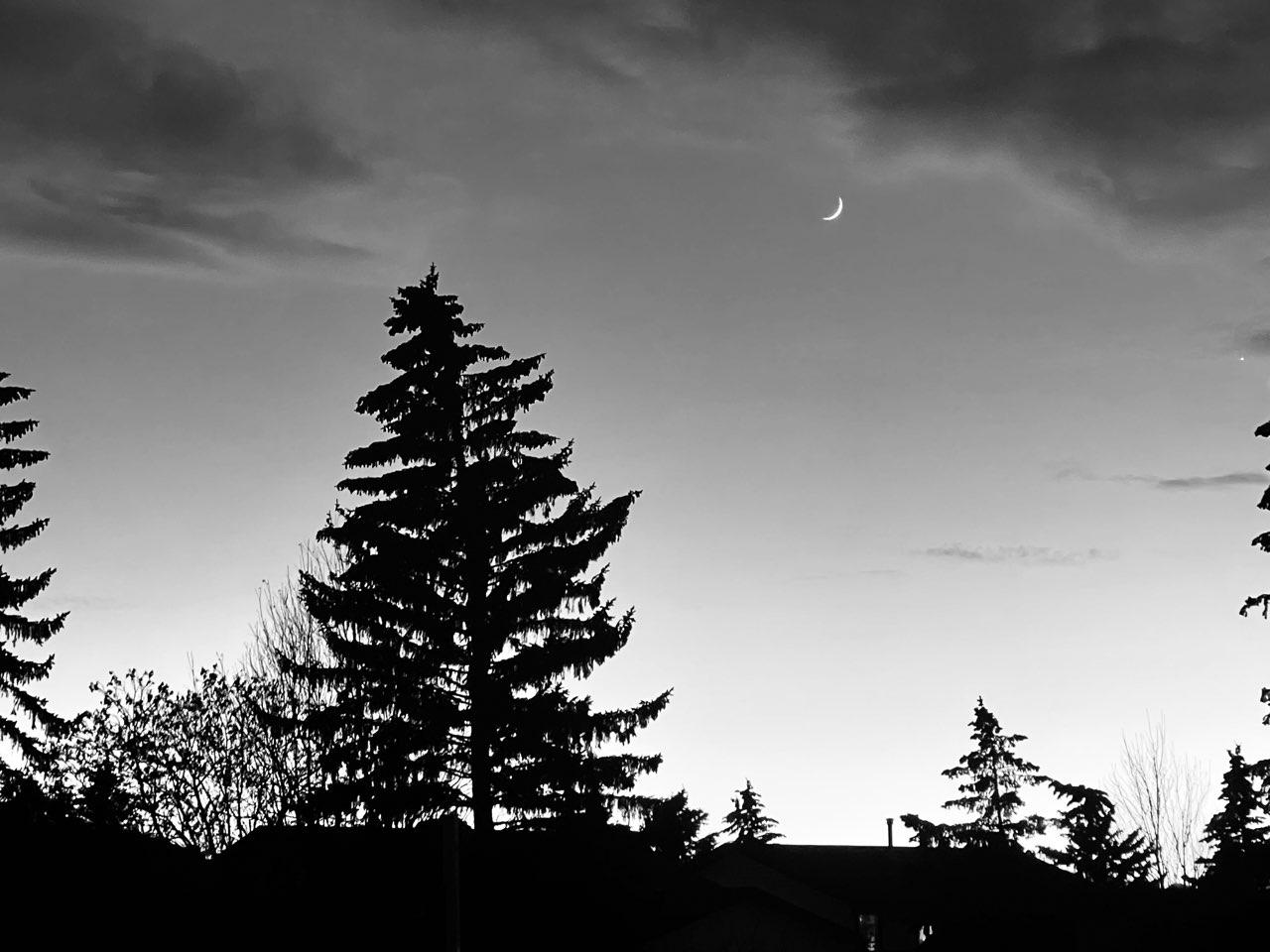 The Moon over Airdrie, Canada — waxing crescent, Lunar Day 3