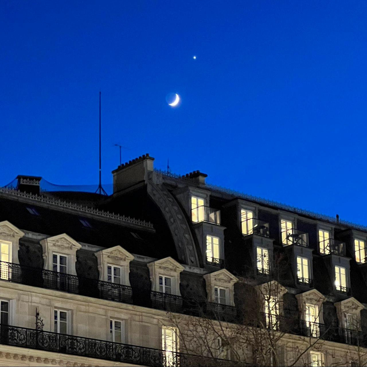 The Moon over Suresnes, France — waxing crescent, Lunar Day 5