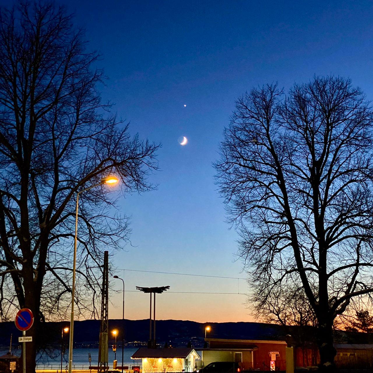 The Moon over Hamar, Norway — waxing crescent, Lunar Day 5
