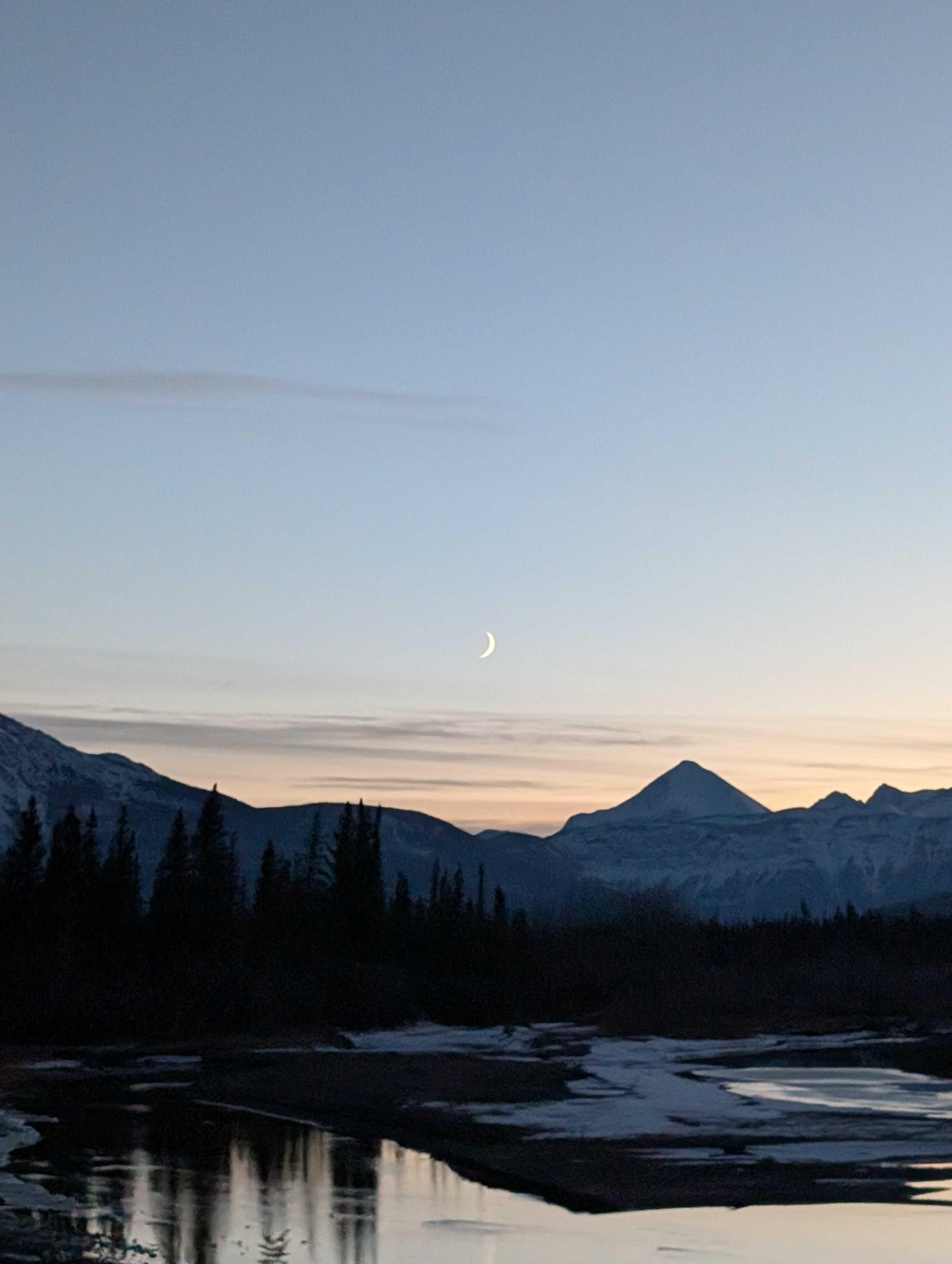 The Moon over Jasper, Canada — waxing crescent, Lunar Day 5